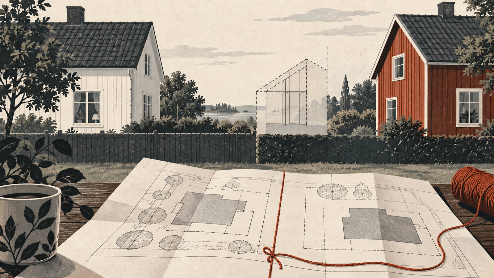 Illustration: två grannhus, en skissad tillbyggnad och en ritning med markerad tomtgräns.